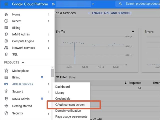 2. Click “API & Services” on your left, and select “OAuth consent screen”.