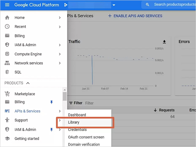 1. Click “API & Services” on your left, and select “Library”.