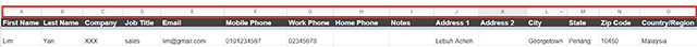 Complete the required field for contact details with the corresponding alphabet based on the information from the Data Template tab.