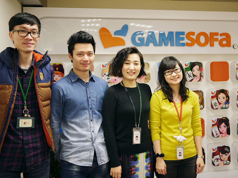 (from left to right) Director Ren-wei Liu, engineer Jian-hong Ke, manager Mei-xuan Wu, and director Meng-yun Yan from Gamesofa Inc.
